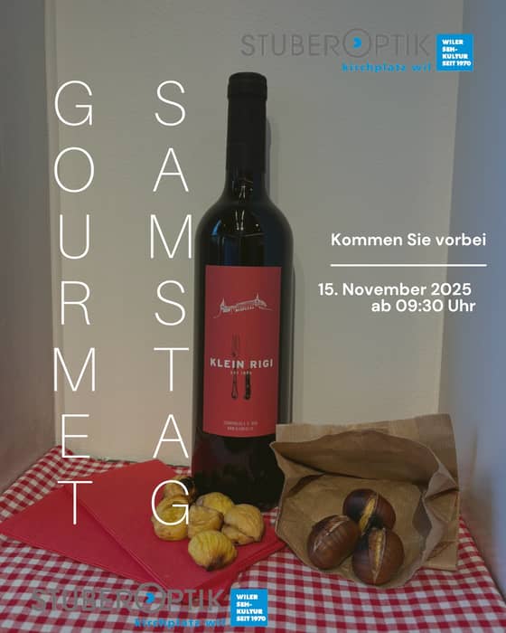 Diesen Samstag, 15.11. laden wir Sie herzlich zum Gourmet-Samstag in Wil bei Stuber Optik ein. 🍷🌰
Geniessen Sie ein Glas feinen Rotwein und dazu heisse Marroni –perfekt für den Herbst!
Dabei haben Sie auch die Gelegenheit, unsere aktuelle Brillenkollektion zu entdecken